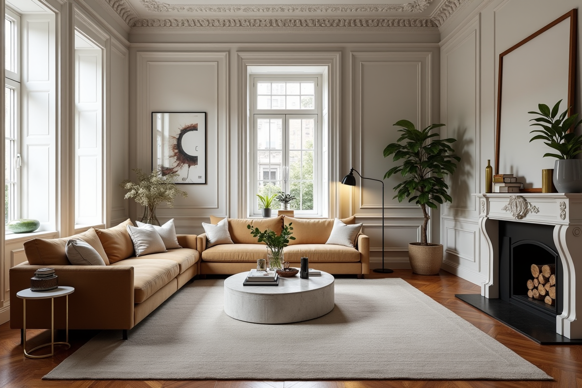 Salon rénové dans un appartement historique avec parquet et moulures