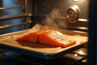 Saumon congelé cuit au four avec thermomètre dans une cuisine lumineuse