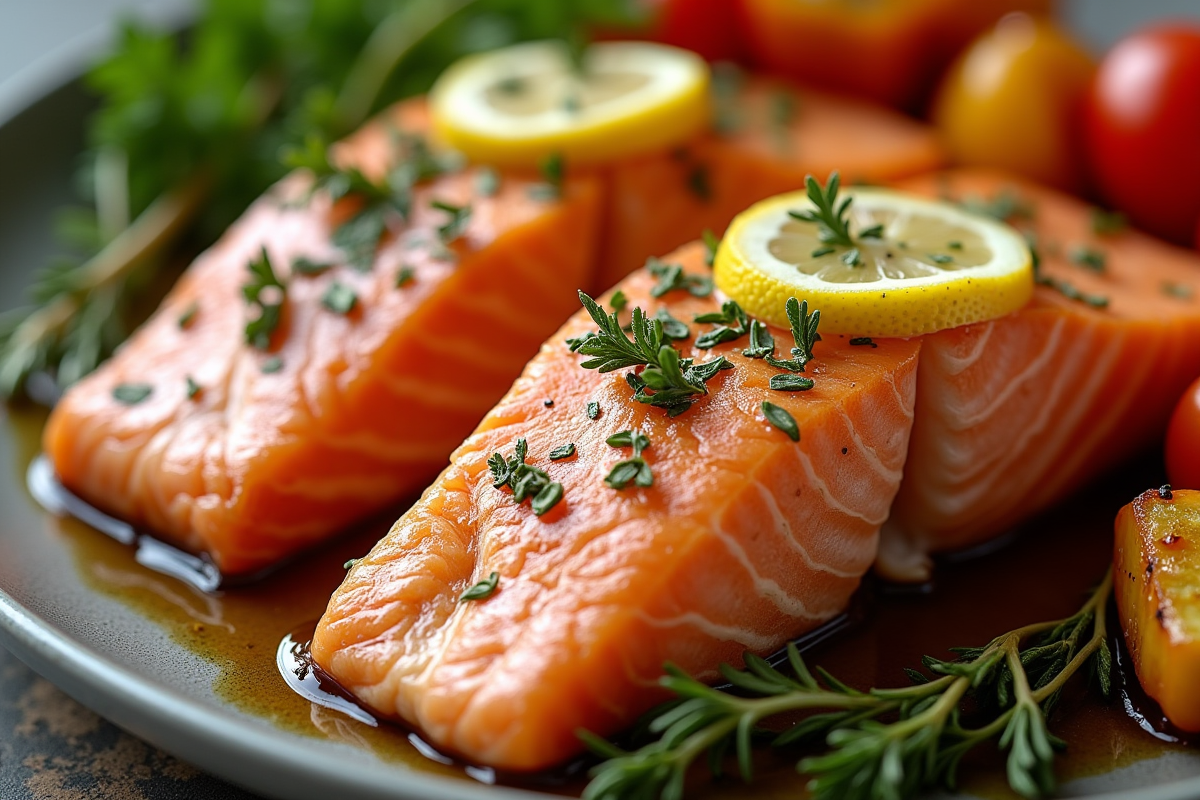 Tranche de saumon cuit avec citron et herbes sur une assiette avec légumes