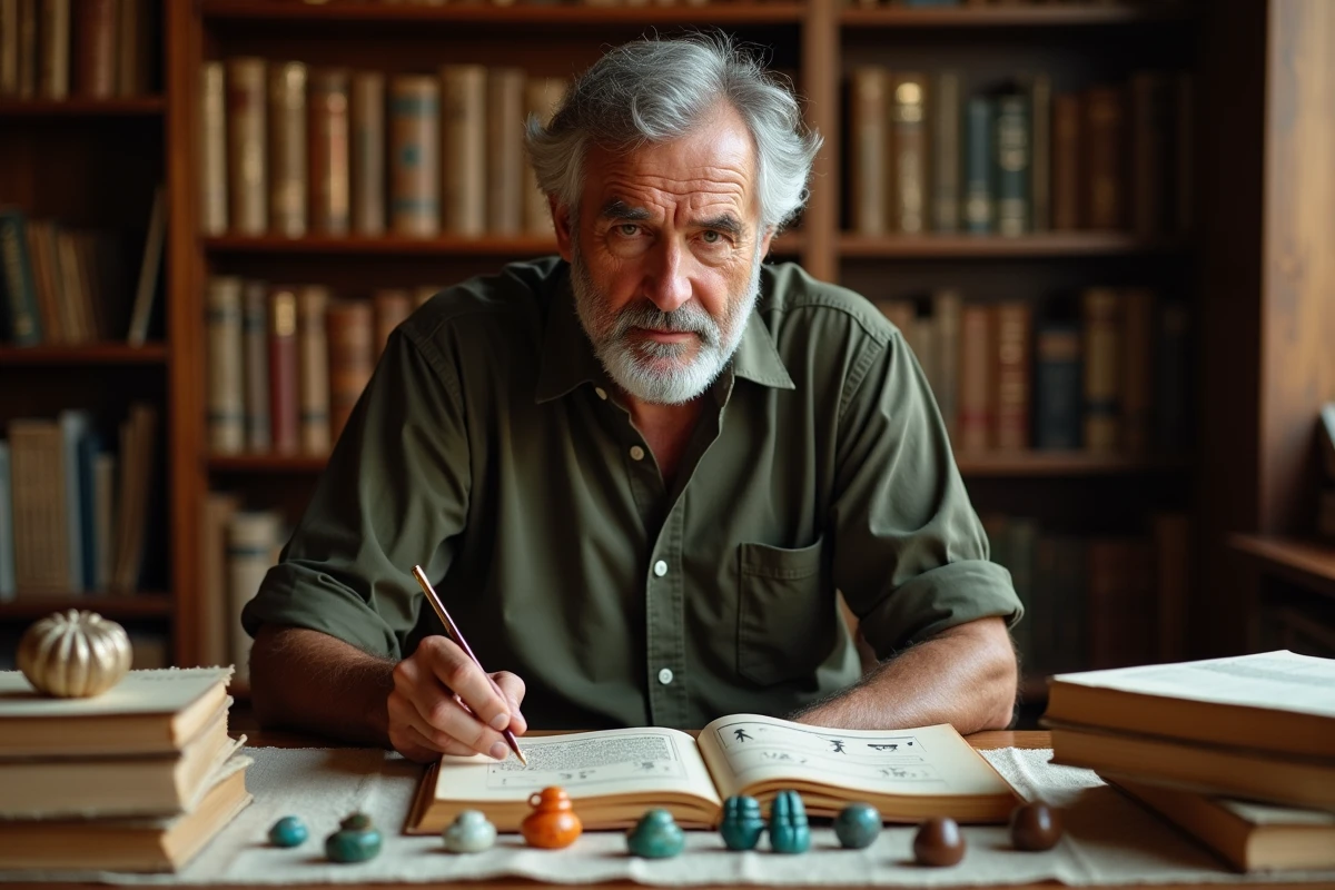 Historien spécialiste de l'Égypte ancienne étudiant des amulettes scarabées et des ouvrages sur la symbolique pharaonique dans son bureau
