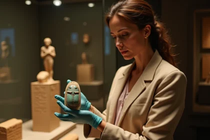 Conservatrice de musée tenant un scarabée égyptien en faïence turquoise dans une vitrine de musée archéologique