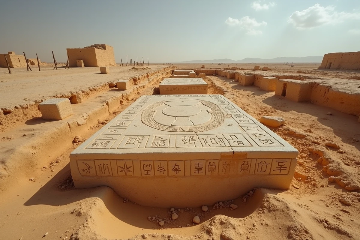 Relief de scarabée égyptien sculpté sur un couvercle de sarcophage en pierre découvert lors de fouilles archéologiques dans le désert