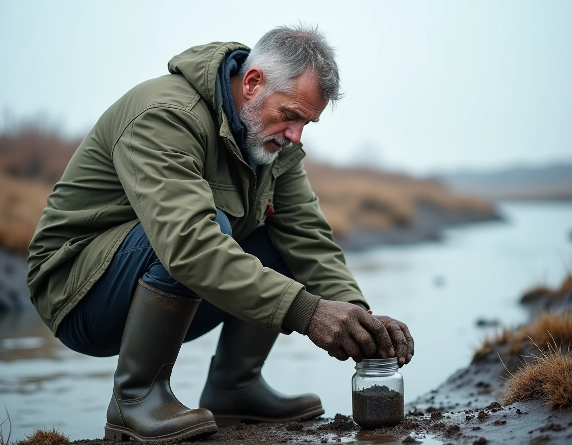 Scientifique russe prélevant des échantillons de sol sur une berge arctique en dégel, documentant les effets du réchauffement climatique en Russie