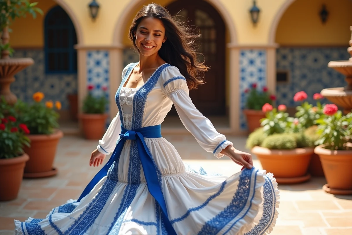 Jeune femme en costume de sévillane blanc et bleu dansant dans un patio andalou fleuri