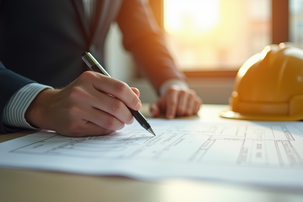Main signant des documents architecturaux dans un bureau