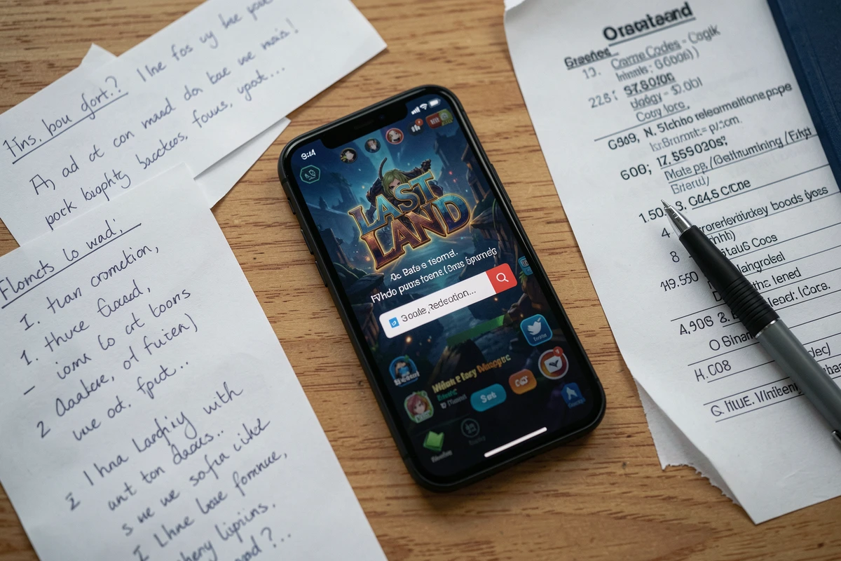 Vue du dessus d'un smartphone affichant l'interface de saisie de codes du jeu anime Last Land entouré de notes manuscrites