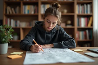 Jeune femme résolvant une énigme de salle d'évasion avec une carte de puzzle dessinée à la main sur un bureau en bois