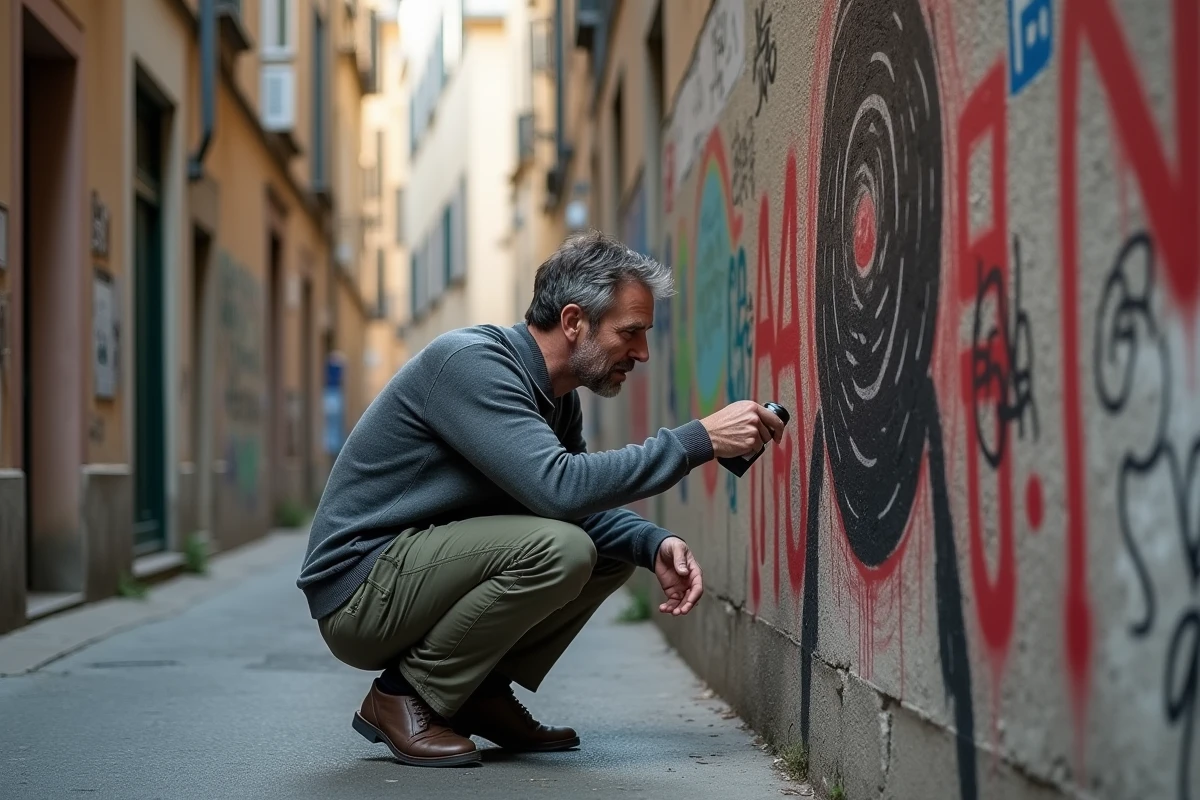 Homme observant de près un art urbain au pochoir sur un mur de béton dans une ruelle de Lyon