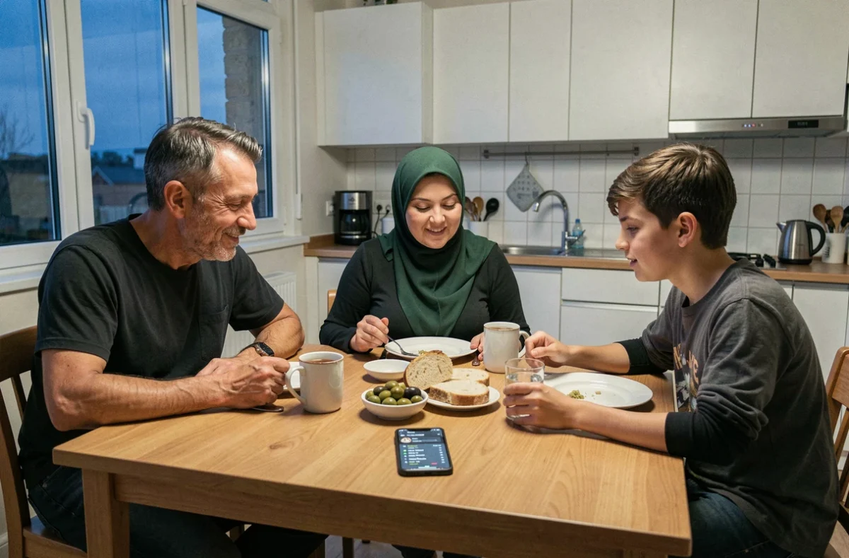 Famille musulmane prenant le suhoor ensemble avant la prière du fajr pendant le ramadan à Neuilly-sur-Marne