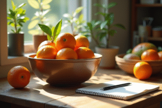 Table en bois avec fruits tamarillo tangerine et tangelo en lumière naturelle