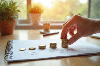 Main organisant des tas de pièces de monnaie sur un bureau lumineux