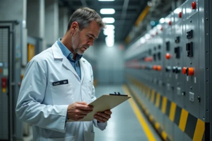 Technicien en radioprotection inspectant des équipements industriels dans une entreprise de Nantes avec dosimètre personnel