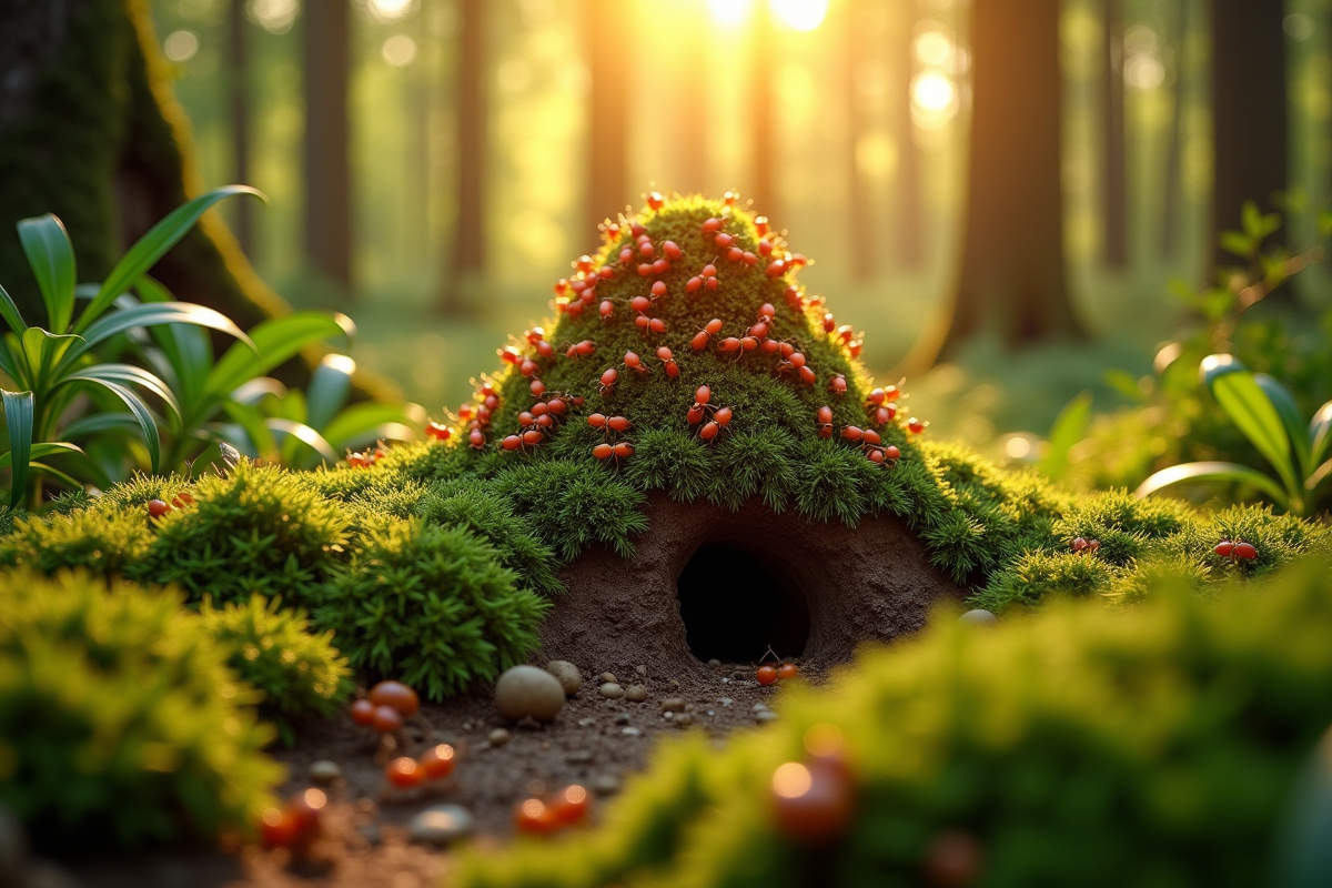 Monticule de termites dans une forêt en lumière dorée