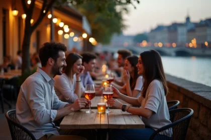Terrasse animée sur les quais du Rhône à Lyon le soir avec des groupes d'amis attablés autour de verres de vin