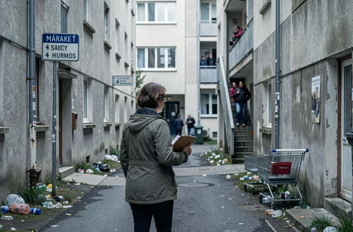 Travailleuse sociale traversant une allée d'une cité HLM en banlieue, immeubles dégradés et résidents en arrière-plan