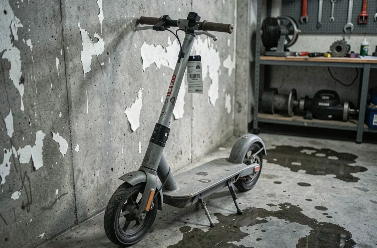 Trottinette électrique d'occasion appuyée contre un mur en béton dans un garage avec traces d'usure et étiquette de prix