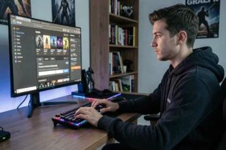 Jeune homme vérifiant un code promo Hellcase sur son PC gaming dans une chambre setup RGB