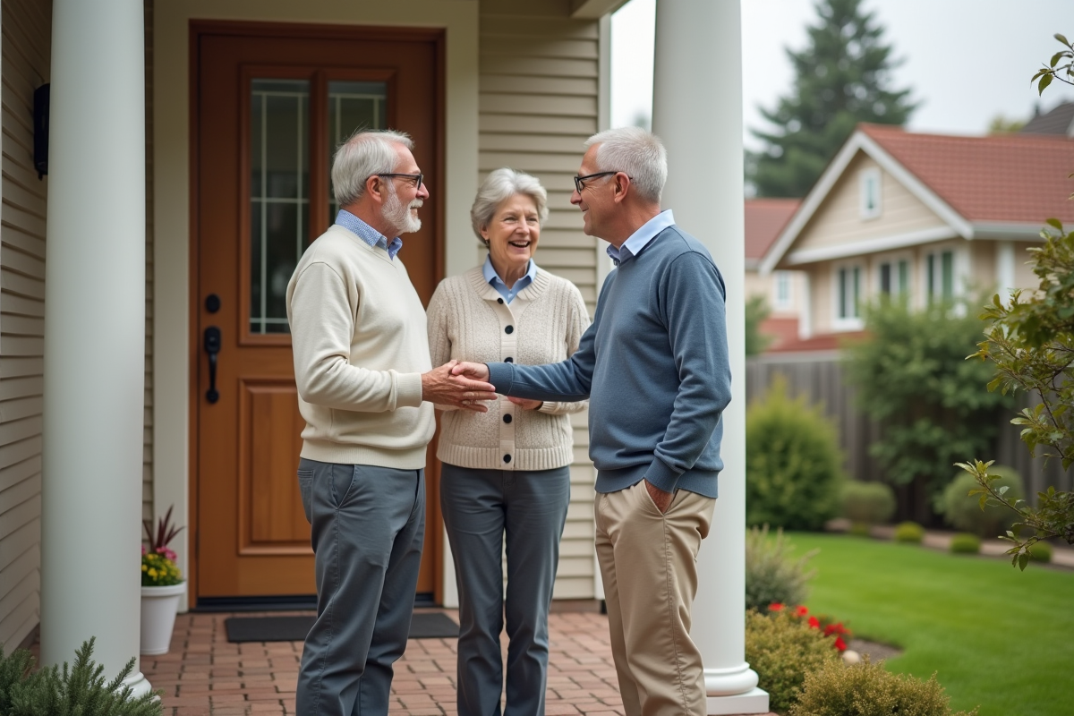 Agent immobilier jeune montre une maison à un couple sur la terrasse
