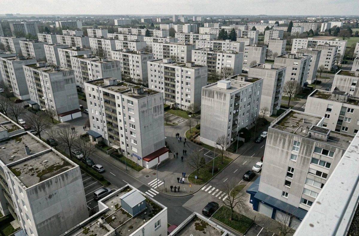 Vue en hauteur d'une cité de banlieue française avec tours HLM grises, parkings et espaces dégradés, photographie documentaire urbaine