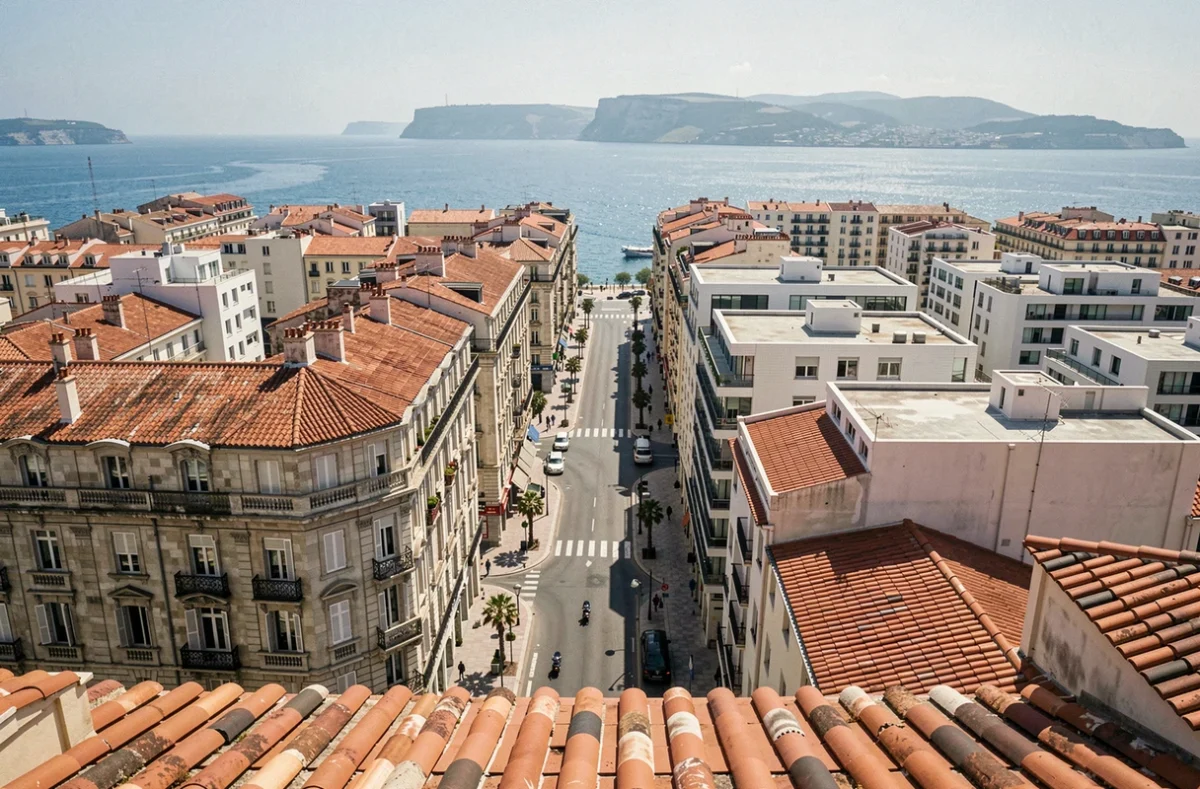 Vue aérienne de Marseille montrant la transition architecturale entre le centre historique et les quartiers nord vers la mer Méditerranée
